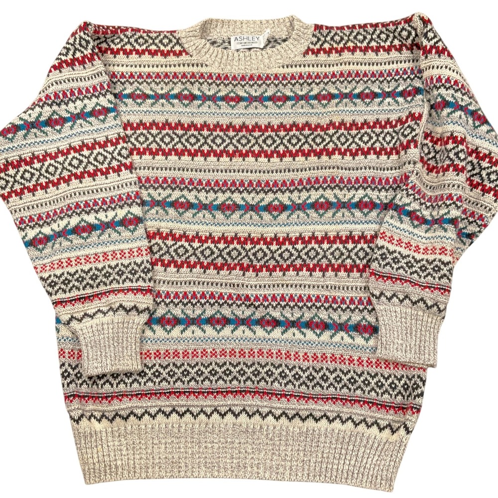 Ashley Knit Sweater Men Medium Beige Gray Multi‎ Fair Isle Diamond Crew 80s USA